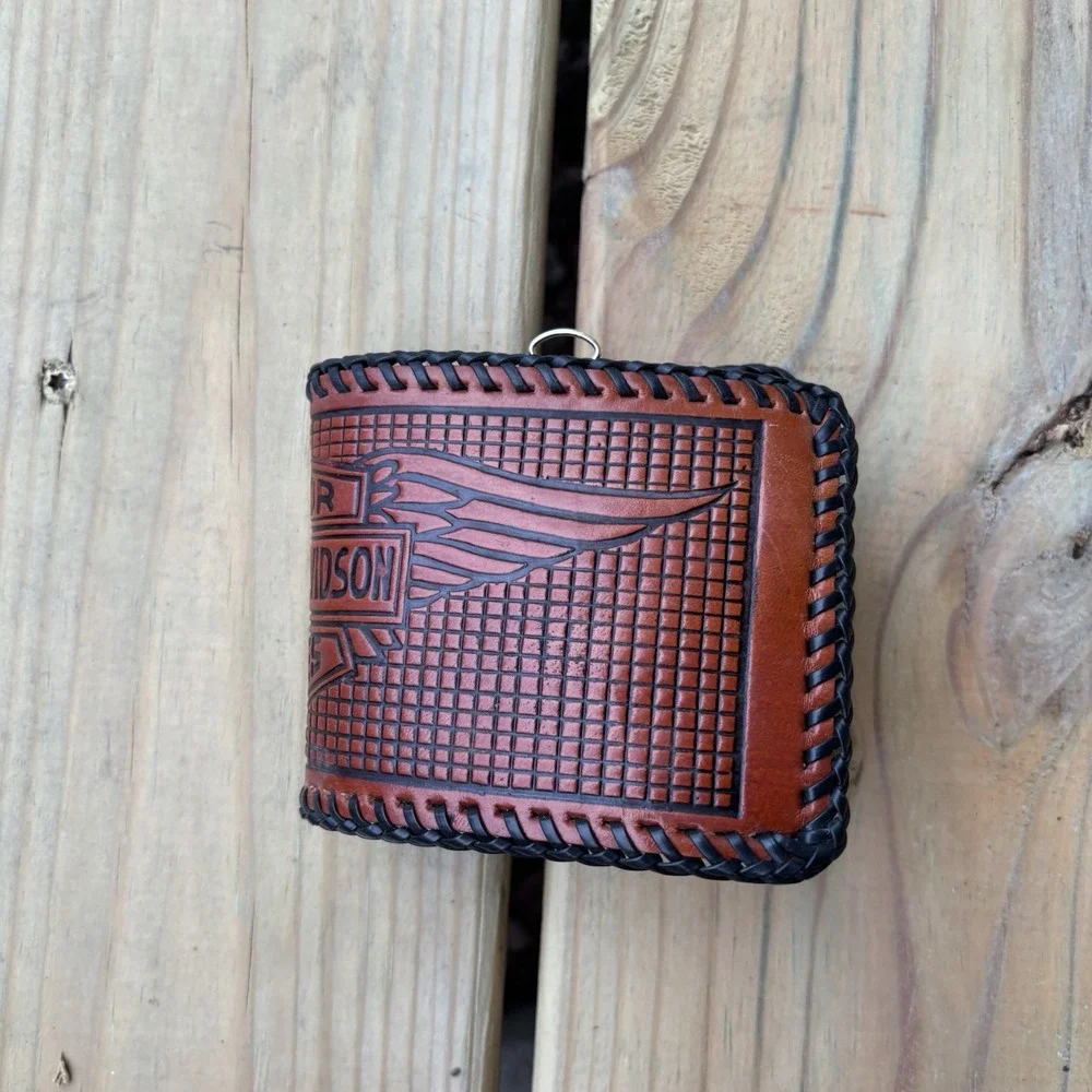Vintage Leather Wallet Harley Davidson Hand Tooled Whipstitch Bifold Biker